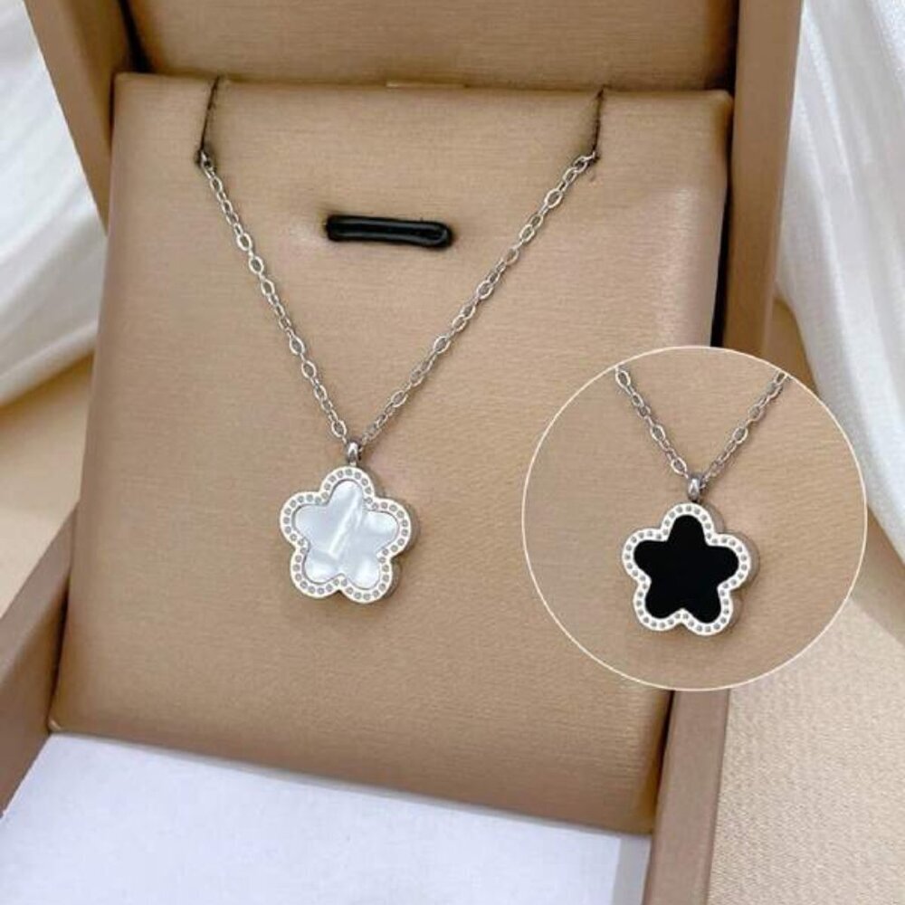 Mother of Pearl & Black Clover Reversible Necklace – Sterling Silver